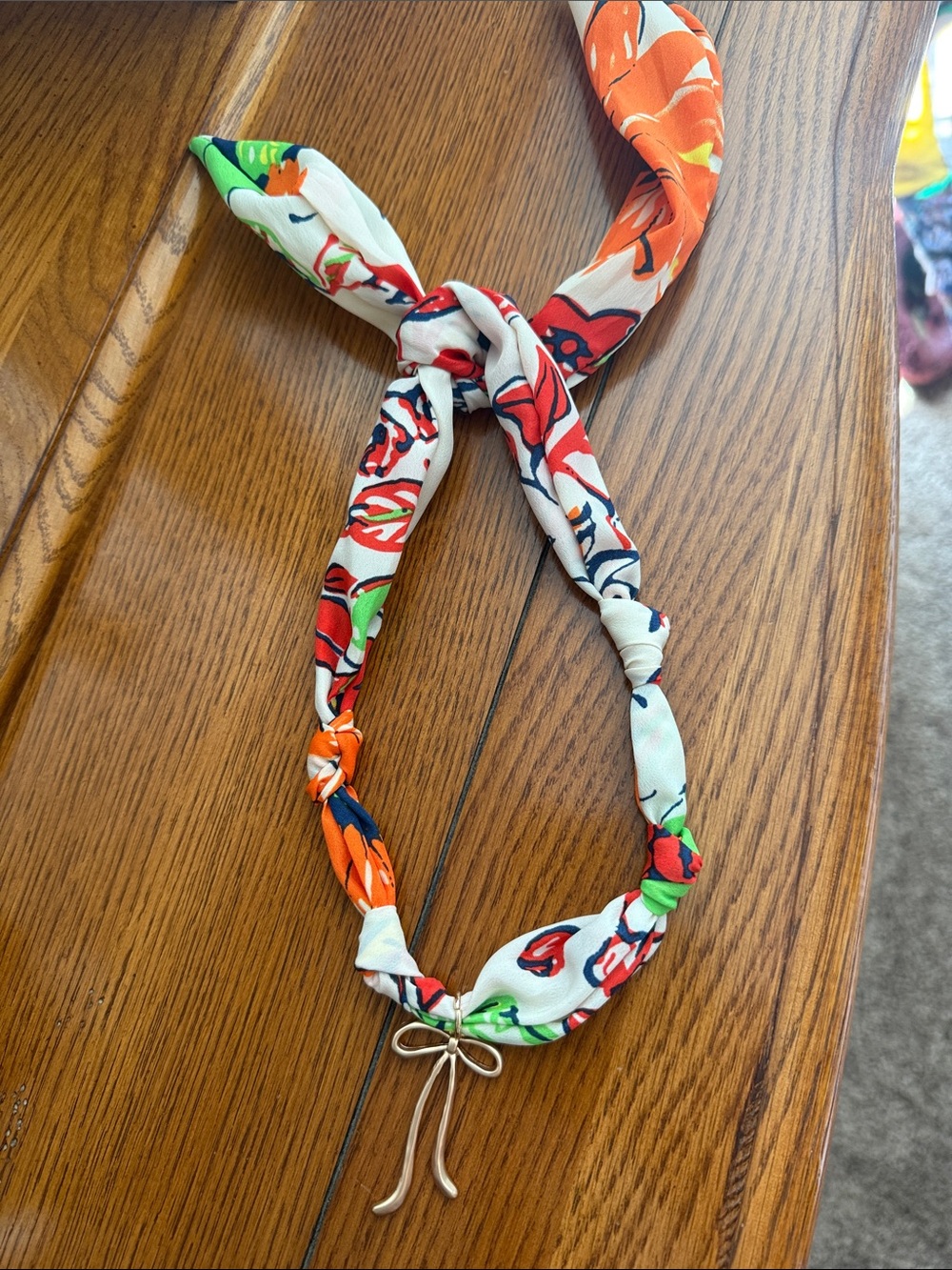 Floral Multicolor Knotted Necklace Scarf with Bow Accent